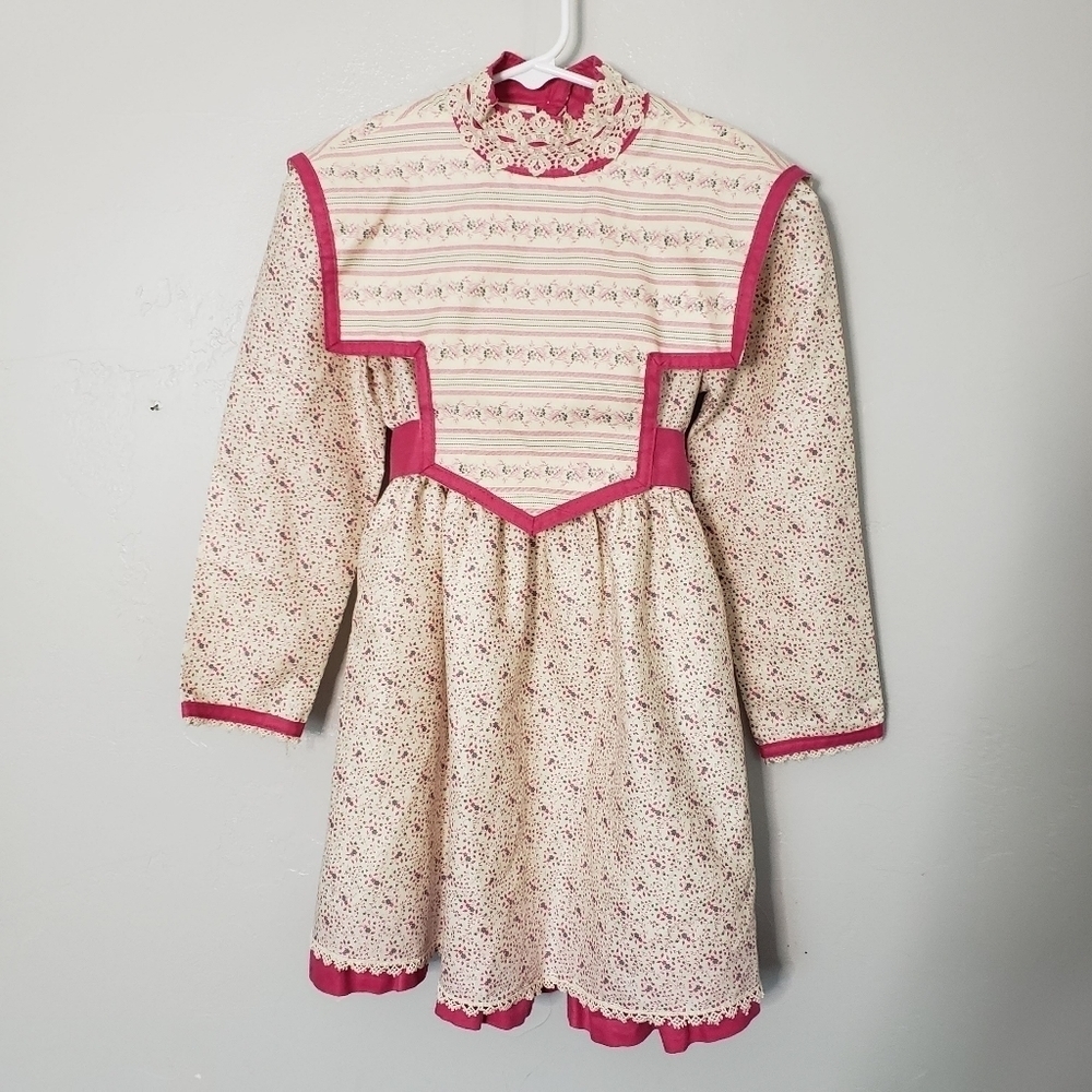 Gunne Sax Vintage Little Girl 6X Beige Micro Pink Floral Long Sleeve Dress Lace